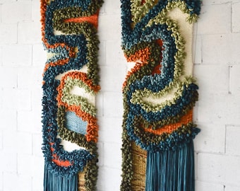 Vertical Fiber Wall Sculpture – Tall Wool & Cotton Installation – Sculptural Textile Art for Stairwells And Vaulted Interiors