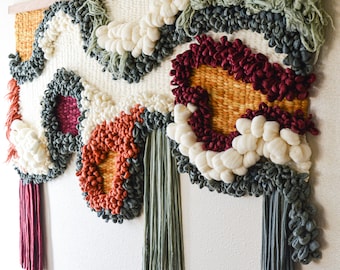 Textile Wall Sculpture in Teal, Clay & Garnet – Abstract Wool Installation – Sculptural Fiber Art for Modern Interiors