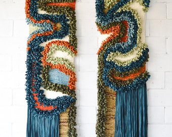 Tall Macrame Wall Hanging: Modern Fiber Art Tapestry - Merino Wool & Cotton