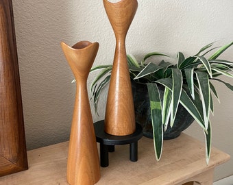 Pair of Tapered Teak Wood Candle Holders | wood candlestick holder | vintage | boho | Danish Style | mid-century |