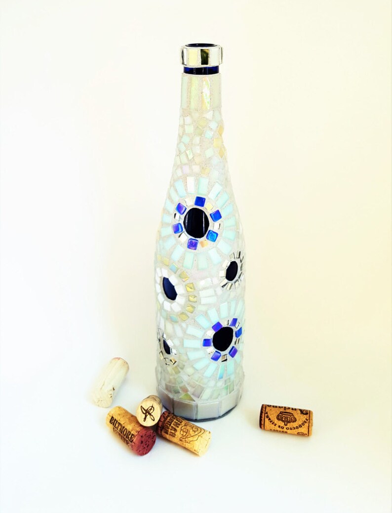 Blue and whiteWine bottle decor Mosaic Bottle Wine Etsy
