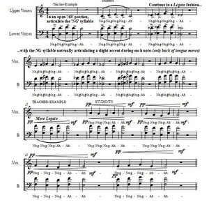 Peut inclure: Une partition de musique pour des exercices vocaux d'échauffement avec le titre "Vocal Warm Ups Tone Development". La partition comprend des instructions pour l'enseignant et les élèves, avec des syllabes phonétiques et des notations musicales. La musique est arrangée par David Woodard et composée par Mark Owen Davis.