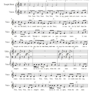May include: A sheet music score for a song titled "My Grandfather's Clock" by Henry C. Work. The sheet music is arranged for a choir and includes lyrics and musical notation. The song tells the story of a grandfather clock that stood for 90 years.