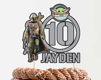 Topo de bolo personalizado com tema Mandaloriano Mando & Baby Grogu