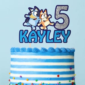 Cute Bluey Dog and Bingo Cartoon Themed Personalized Name and Age Birthday Cake Topper