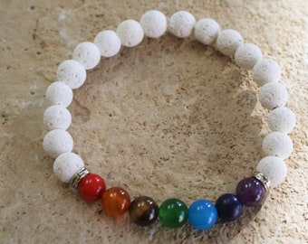 7 Chakra Gemstone Bracelet, White Lava Rock, Yoga Healing