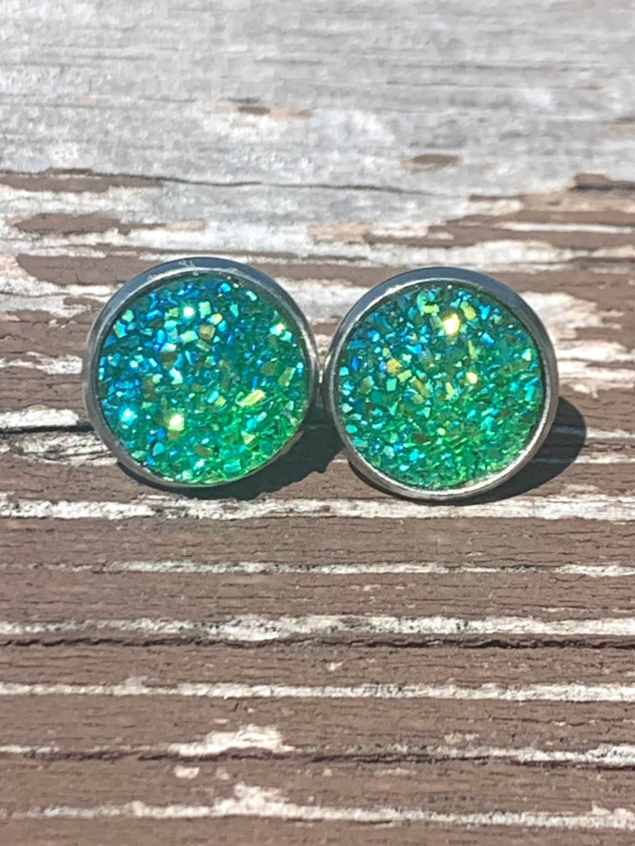 12mm Green Druzy Earrings, Faux Druzy Studs, Stainless Steel Stud Earrings