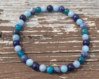 Throat Chakra Bracelet, Chakra Bracelet,  Aquamarine, Lapis Lazuli, Sodalite and  Blue Apatite, Healing Crystal Bracelet