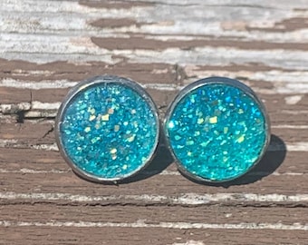 Turquoise Druzy Earrings, Faux Druzy Earrings, Turquoise Earrings, Stainless Steel Turquoise Stud Earrings