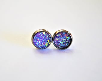 8mm Purple Stud Earrings, Purple Druzy Earrings, Purple Earrings, Purple Post Earrings,  Purple Druzy Studs