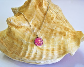 Pink Druzy Sterling Silver Necklace, Bridesmaid Gift