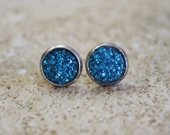 Pendientes de botón de drusa azul, joyería para damas de honor, 8 mm