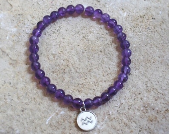 Amethyst Aquarius Zodiac Bracelet, Crystal Gemstone Beaded Bracelet