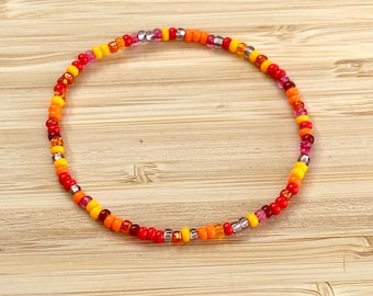 Autumn Seed Bead Stretch Bracelet, Red Orange Yellow Glass Beads