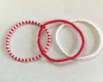 Red and White Seed Bead Bracelet Set, Stacking Boho Bracelets