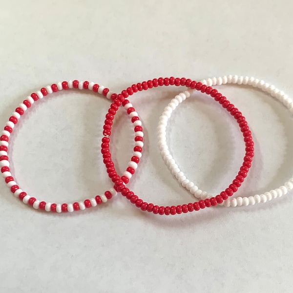 Red and White Seed Bead Bracelets, Beaded Bracelets, Stacking Bracelets, Seed Bead Bracelet Set, Boho Bracelet