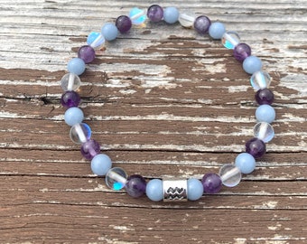 Wassermann Sternzeichen Armband, Amethyst, Angelit, Bergkristall, Edelstein Armband