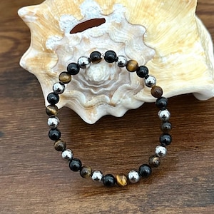 Triple Protection Bracelet, Tiger Eye, Hematite & Black Tourmaline Bead Bracelet