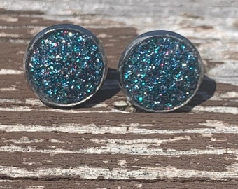 Pendientes de botón de drusa azul lago de 12 mm, hipoalergénicos