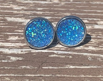 Light Blue Druzy Earrings, Light Blue Earrings, Blue Sparkly Earrings, Large Blue Earrings, Gift for Her, Bridesmaid Gift