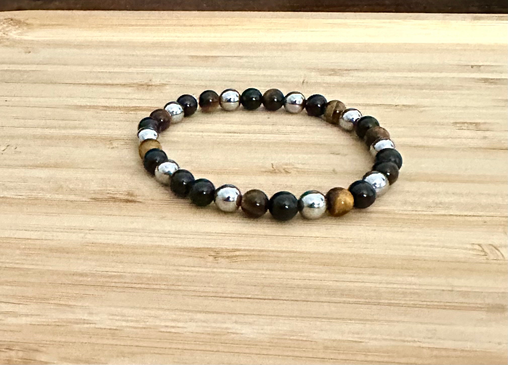 Bracciale Tripla Protezione In Pietre Naturali | Occhio Di Tigre, Tormalina Nera E Ossidiana | Elastico Unisex