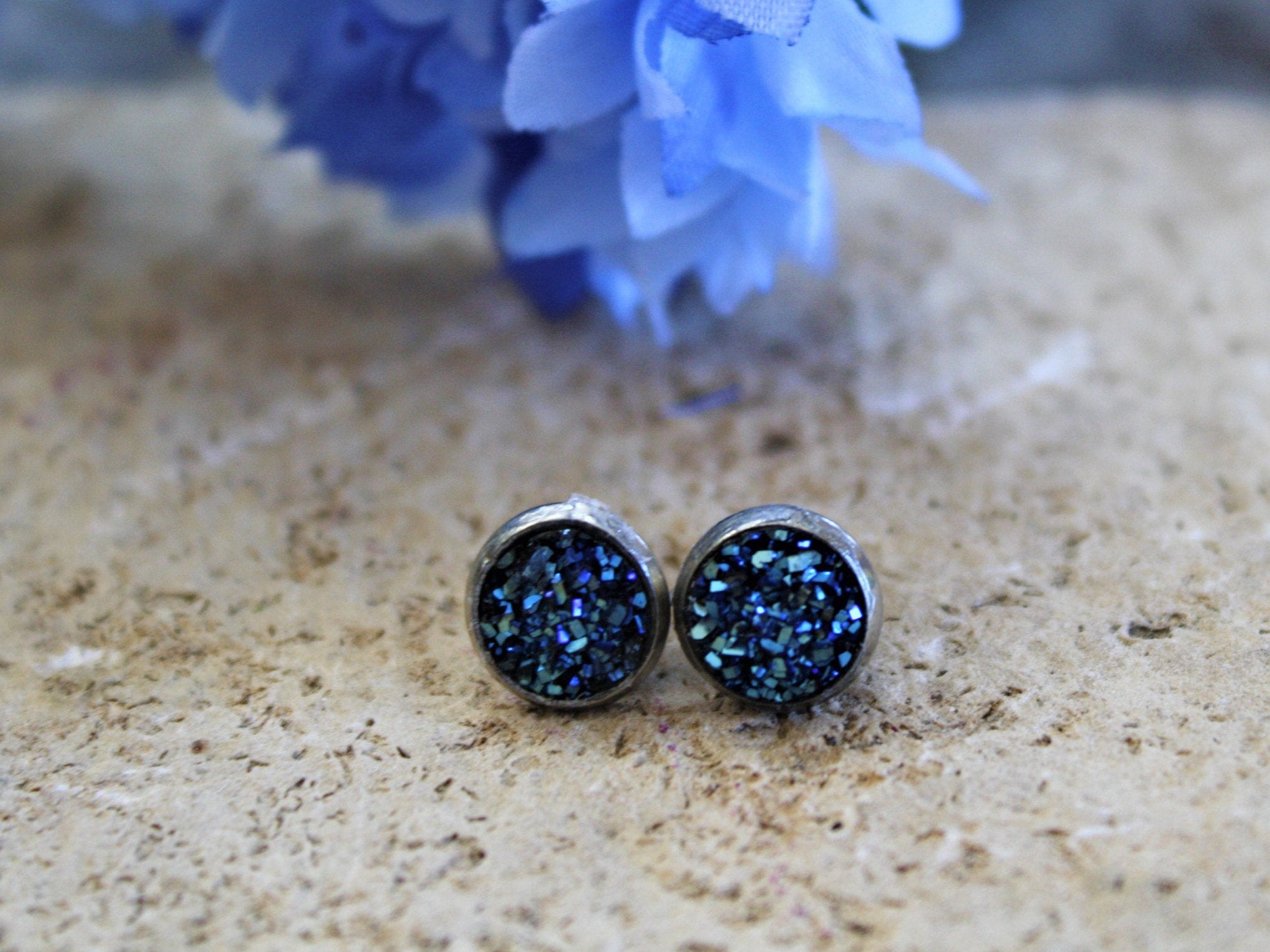 Navy Blue Stud Earrings Blue Stud Earrings Blue Druzy Stud | Etsy