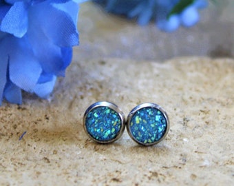 Pendientes de botón de drusa azul claro, 8 mm, hipoalergénicos