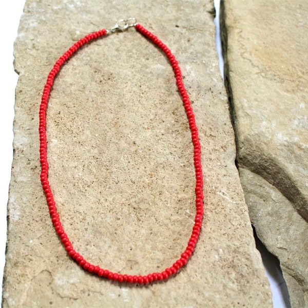 Red Seed Bead Necklace, Red Beaded Necklace,  Red Seed Bead Choker, Red Beaded Necklace, Seed Bead Jewelry, Layering Necklace