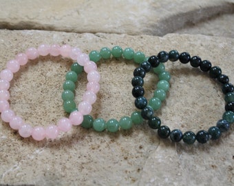 Heart Chakra Healing Crystal Bracelet Set, Rose Quartz, Aventurine, Agate