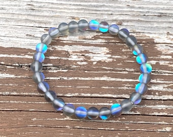 Grey Mystic Aura Quartz Bracelet: Iridescent Mermaid Crystal