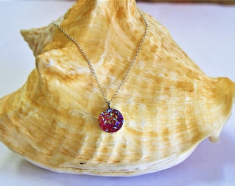 Pink Druzy Pendant Necklace, Sterling Silver Chain