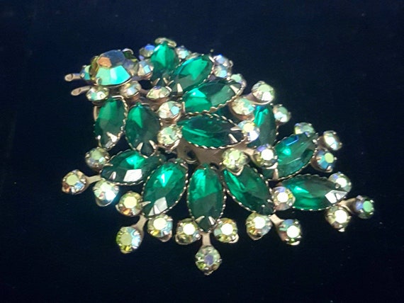 Vintage large layered brooch pin with green and c… - image 2