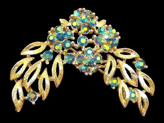 Vintage Lisner brooch, Lisner pin, teal rhinestone brooch, vintage brooch, signed Lisner jewelry, vintage jewelry wedding brooch