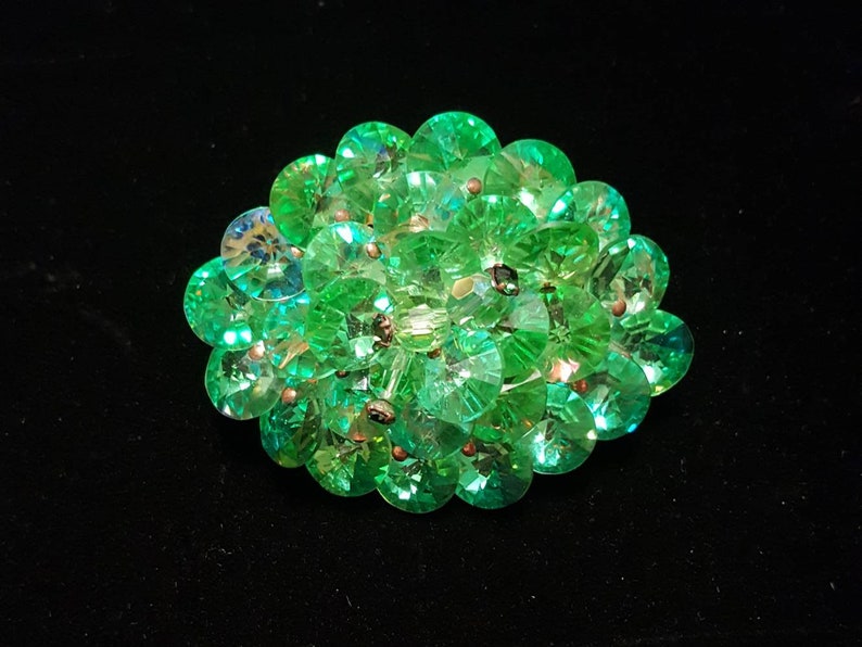 unusual unique gift Vintage lime green rivoli crystal beaded brooch pin wedding bridal antique jewelry