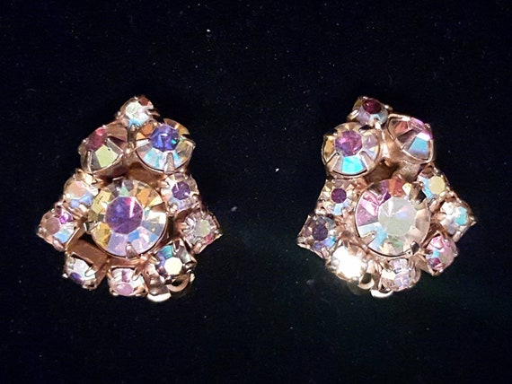 Vintage clip on earrings - clear iridescent auror… - image 1
