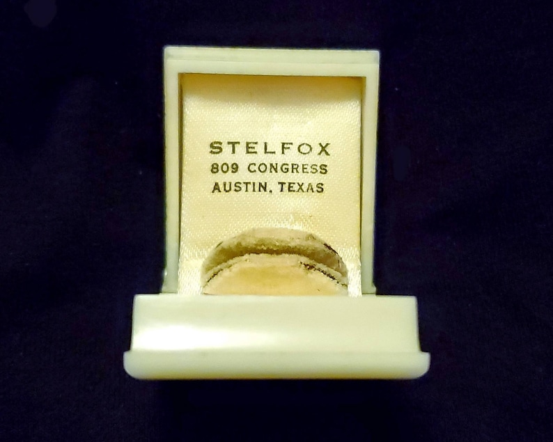 vintage advertisement engagement ring wedding ring box Vintage celluloid ring box STELFOX AUSTIN TEXAS vintage ring keeper