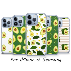 May include: Five different phone cases with avocado designs. The cases are all white with a clear plastic back and have a variety of avocado patterns, including green avocados on a white background, green avocados on a green background, and white avocados on a green background. The cases are all for iPhone and Samsung phones.