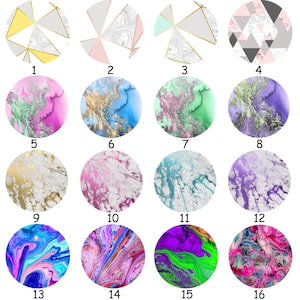 May include: A set of 16 round, colourful, abstract designs. The designs feature a variety of patterns, including marble, geometric, and abstract swirls. The designs are perfect for use as backgrounds, patterns, or textures.