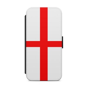 May include: A white phone case with a red cross design, representing the flag of England.