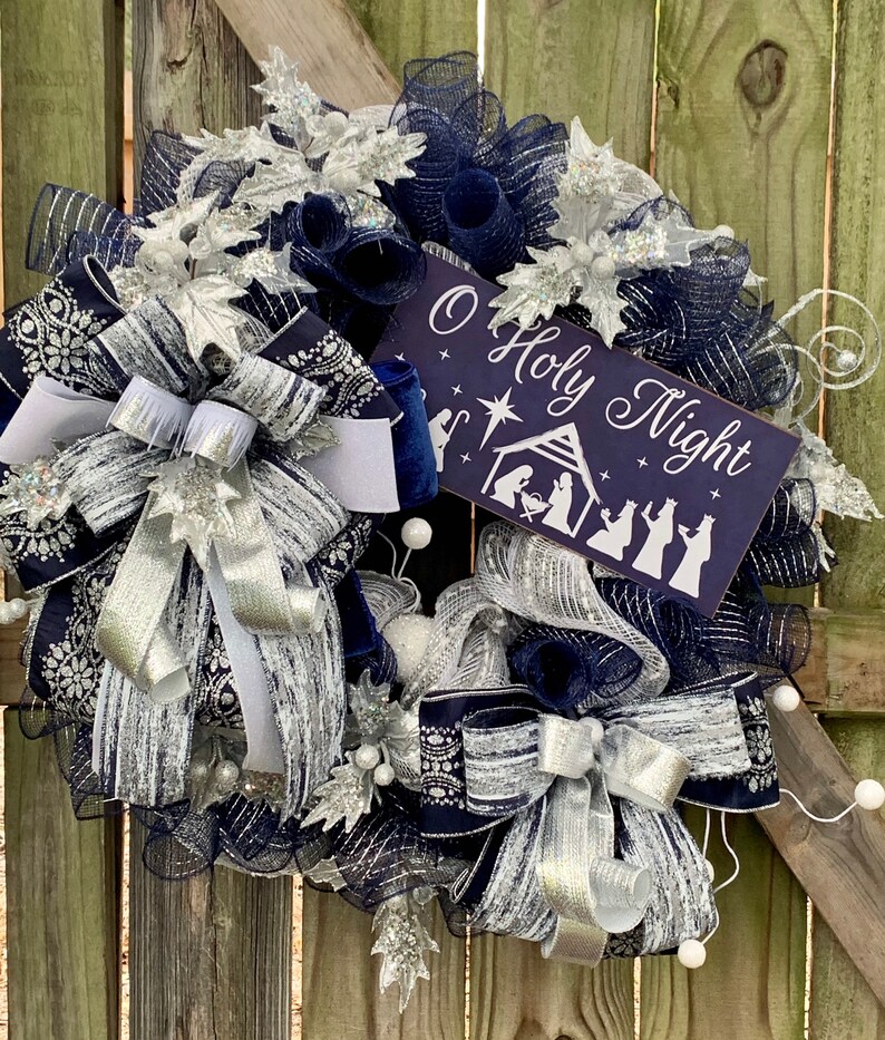 Designer O Holy Night Christmas Wreath, Navy Blue and Silver Christmas