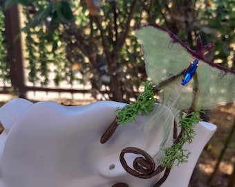Fairy realistic luna moth butterfly silk organza moss wrap ear cuff earrings,no piercing,woodland forest fairycore elf festive costume gift