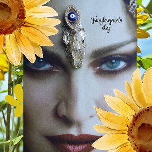 Goddess evil eye amulet citrine gemstone bindi, tribal fusion, face gem bling jewel, chakra third eye, festival face decor, fairy costume