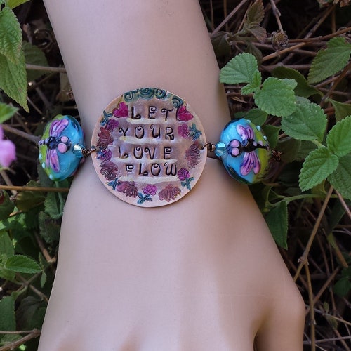 Let Your Love Flow stamped bracelet,Music Inspirational Quote bracelet~~Gypsy Fairy Dragonfly Lamp work quartz gemstone cheapest bracelet