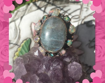 Electroformed Labradorite Opal Ring// October Birthstone Sterling Silver Ring//Multi Opal Ring// Opal Ring// Boho Natural Real Opal Ring