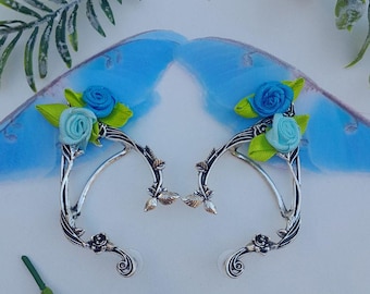 Blue luna moth butterfly silk organza ear cuff wrap earrings, handmade, whimsy bridal cottagecore fairy woodland elven festival costume gift