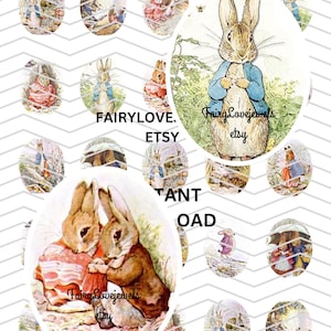 May include: A set of 16 digital printable images featuring Peter Rabbit from Beatrix Potter's children's book. The images are in a circular shape and feature various scenes from the book, including Peter Rabbit hiding in a garden, Peter Rabbit eating vegetables, and Peter Rabbit running away from Mr. McGregor. The images are perfect for scrapbooking, card making, and other craft projects.