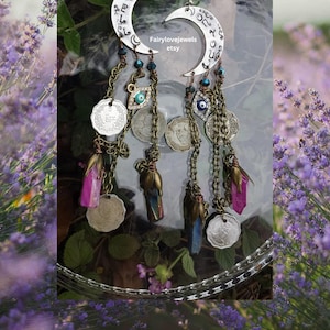 Boucles d'oreilles en forme de lune céleste avec quartz, Stevie Nicks, tenue de festival bohème, oeil protecteur, fait main, bijoux déesse sorcière, cadeau