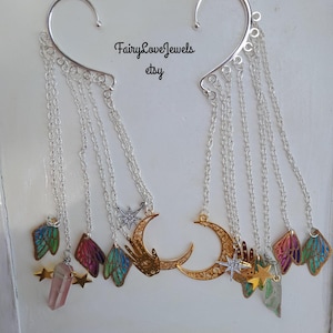 Fairy maankwarts oor manchet kroonluchter oorbellen, fairy vleugel manchet oor wrap, geen piercing, boho hemelse festivalkleding. cadeau voor haar. cadeaus