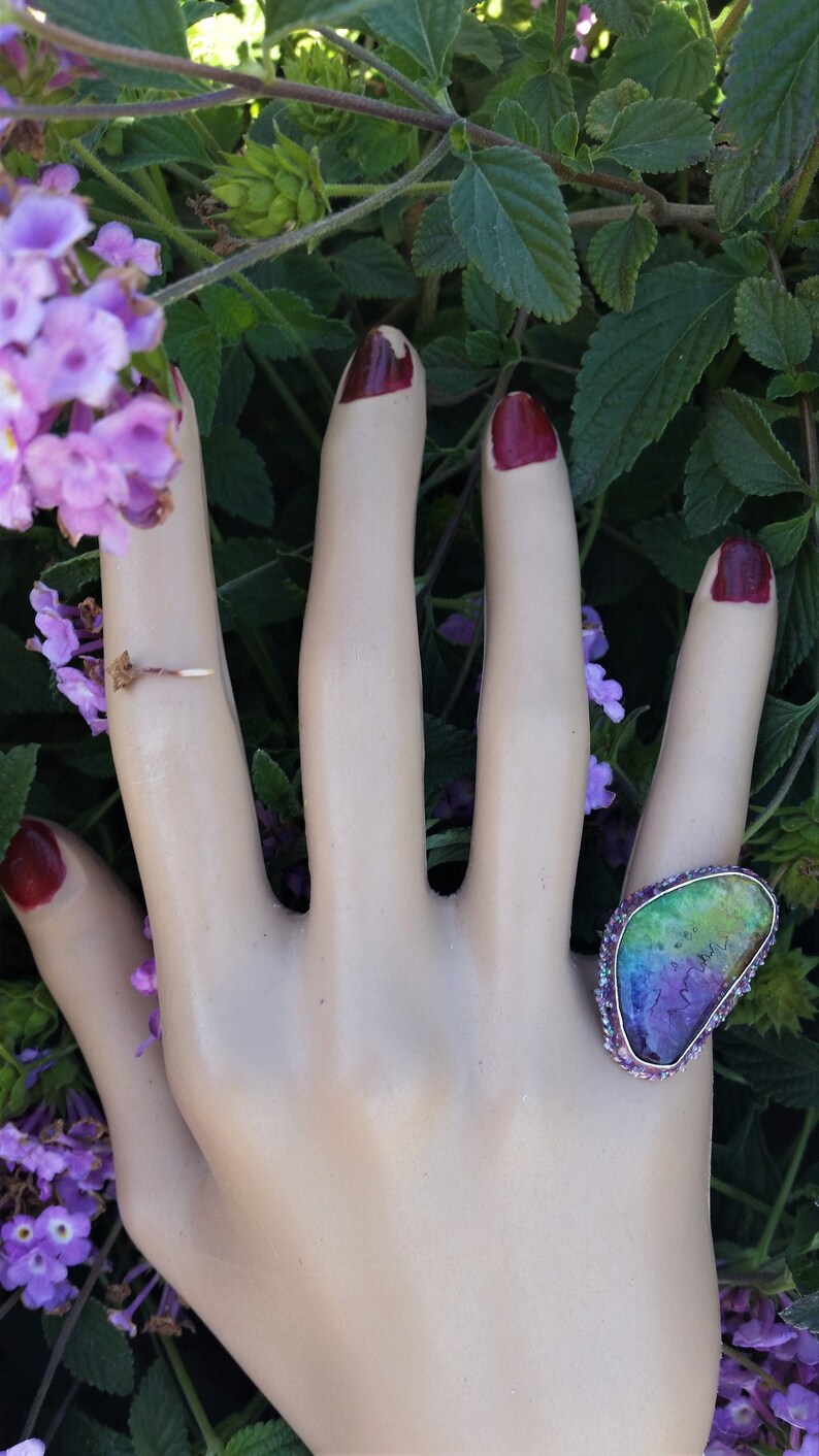 Beauty and Happiness Inside~Druzy Boho Raw Stalactite Crystal Quartz Gemstone 925 sterling silver ring,BoHemian GyPsy Statement Ring size 7