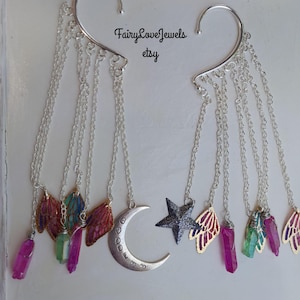 Fairy moon &quot;GODDESS&quot; quote dragonfly wing quartz wrap ear cuffs chandelier dangle earrings, fairy wing, no piercing,celestial festival, gift